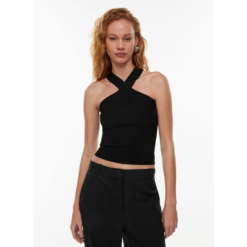Babaton Sculpt Knit Criss Cross Tank Black Ribbed Halter Top Size M